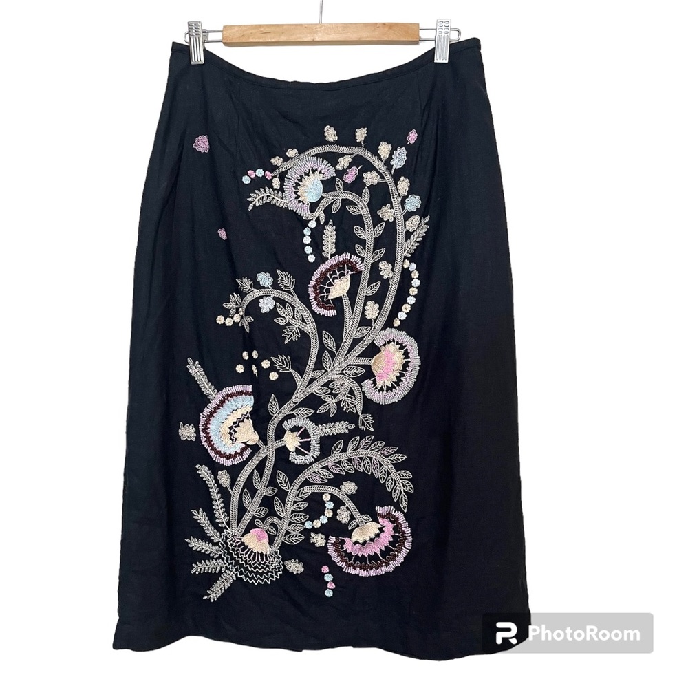 Richard Malcolm Art to Wear Folk Art Embroidered Beaded Linen Blend Skirt